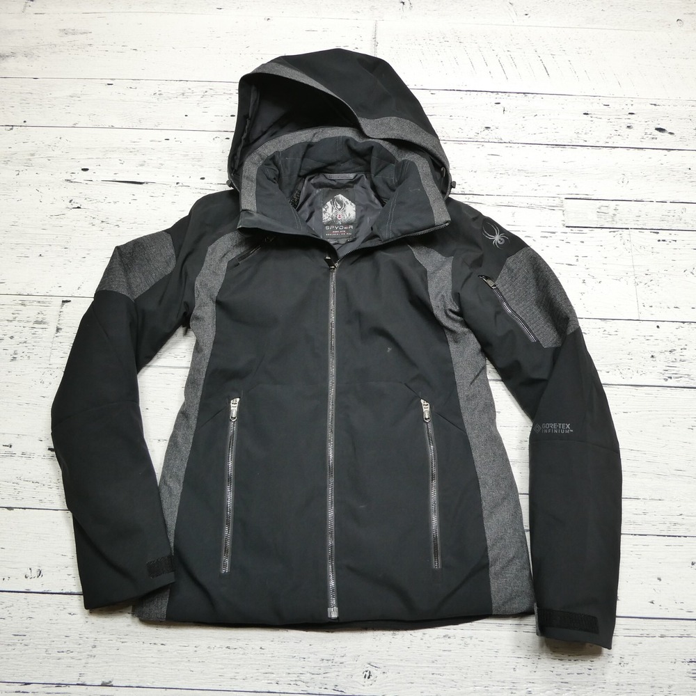 Spyder Gore Jacket Womens Size 8 Black Infinium Hooded‎ Ski Coat Waterproof